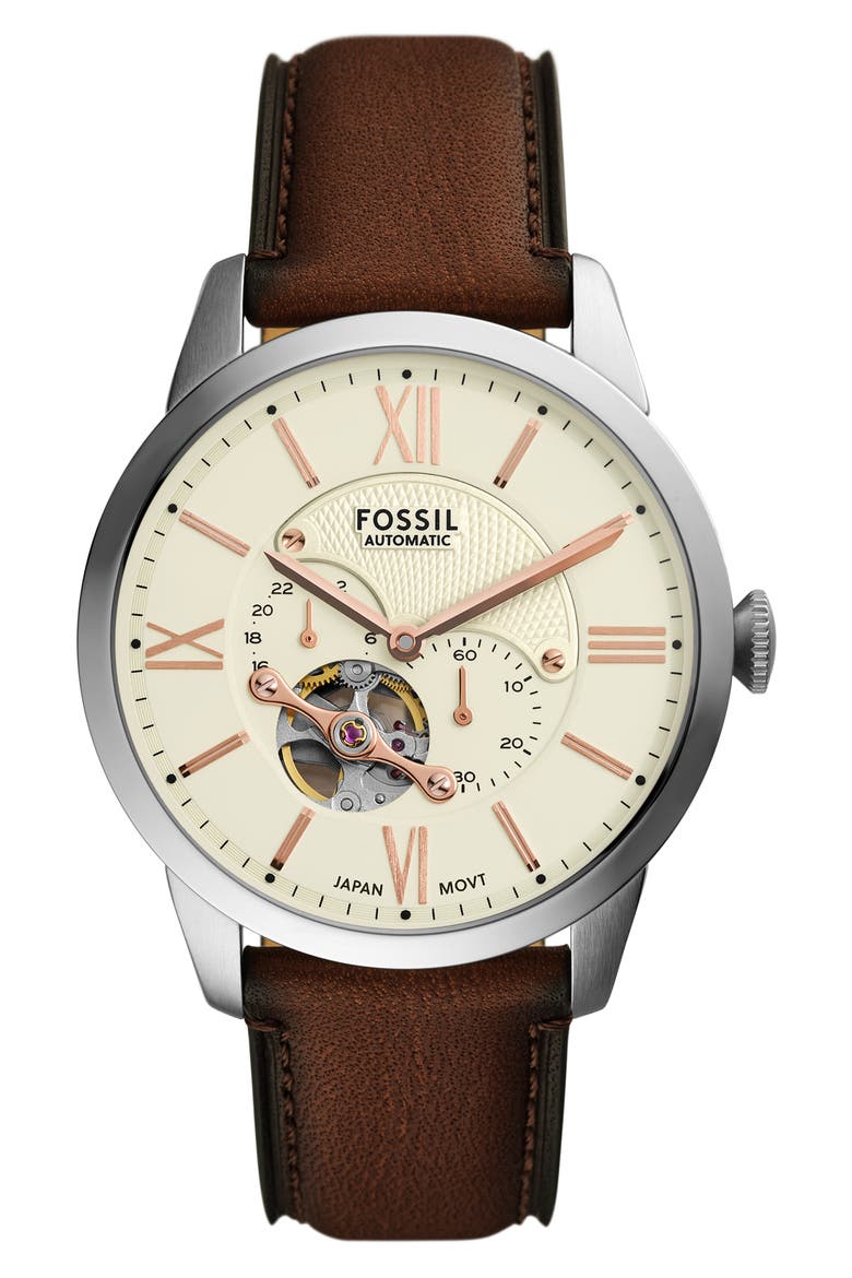 Townsman Automatic Leather Strap Watch, 44mm, Main, color, BROWN