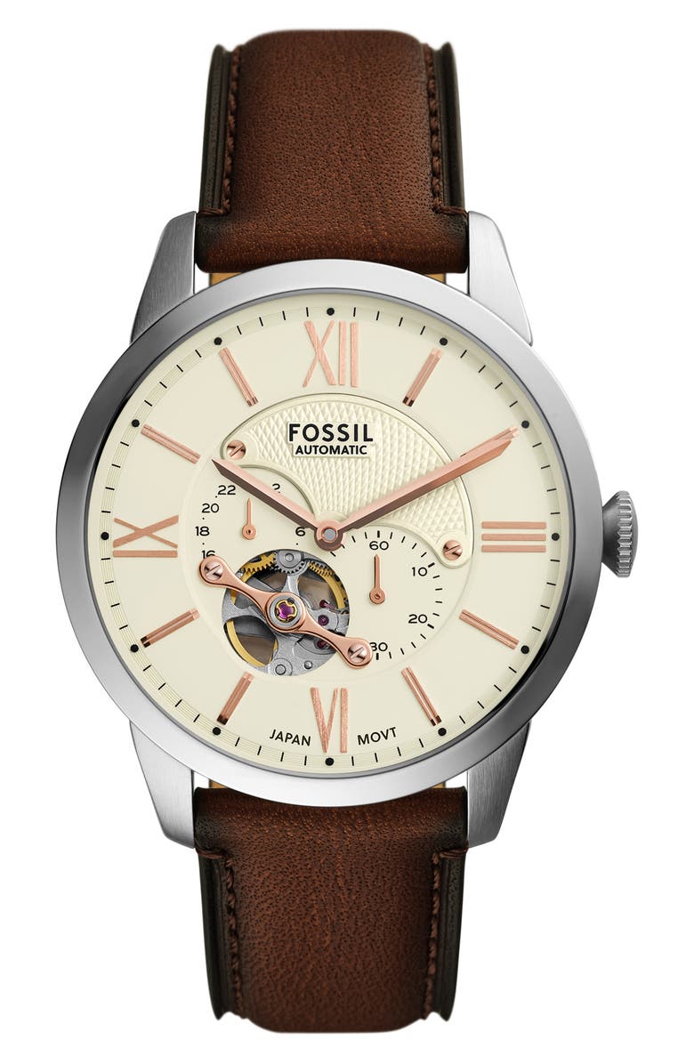 Fossil Townsman Automatic Leather Strap Watch, 44mm, Main, color,