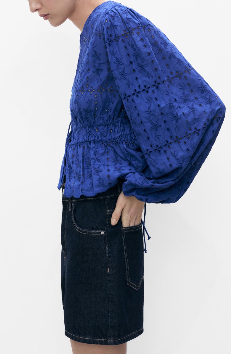 MANGO Eyelet Embroidered Tie Front Long Sleeve Cotton Top, Alternate, color, Blue