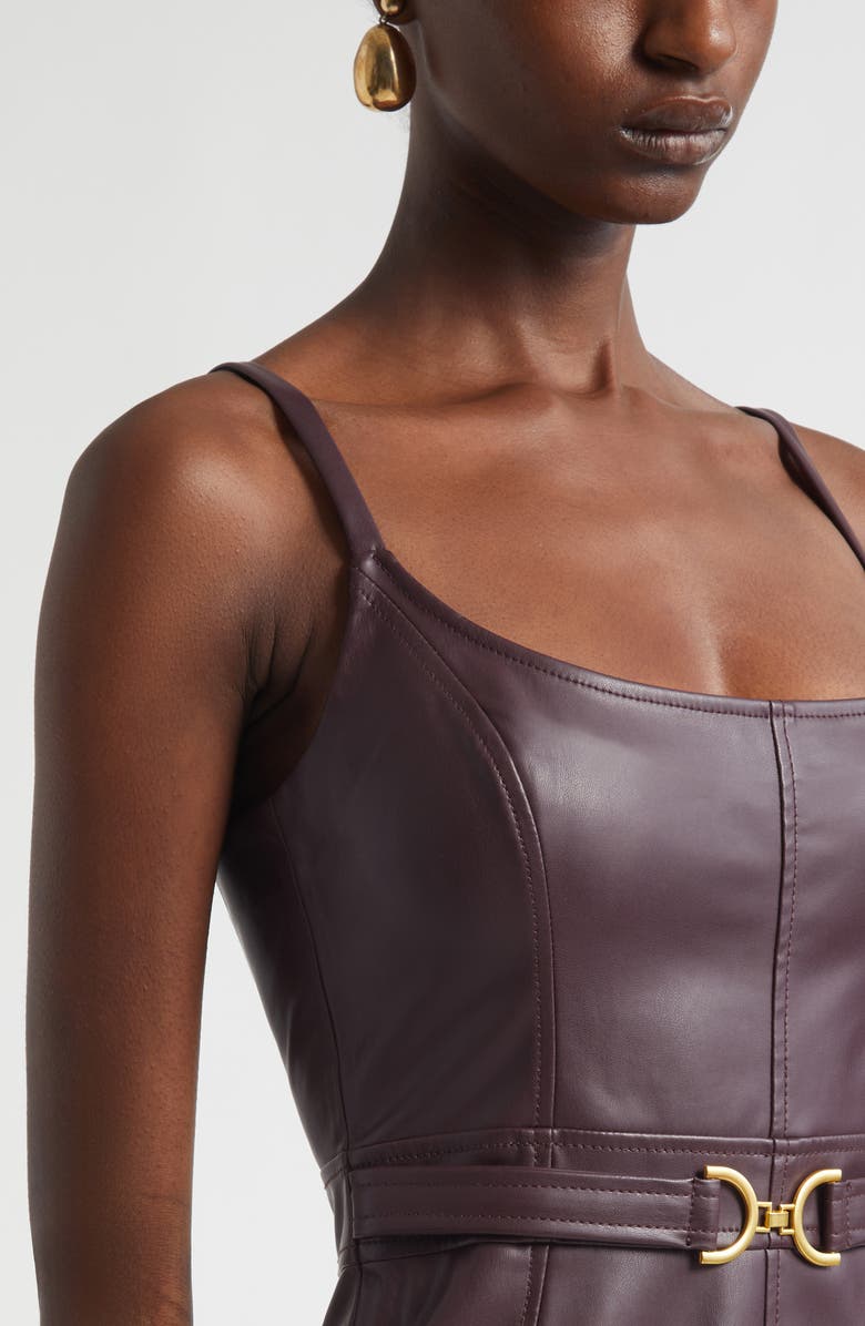 L'AGENCE Halia Belted Faux Leather Midi Dress, Alternate, color, Dark Malbec