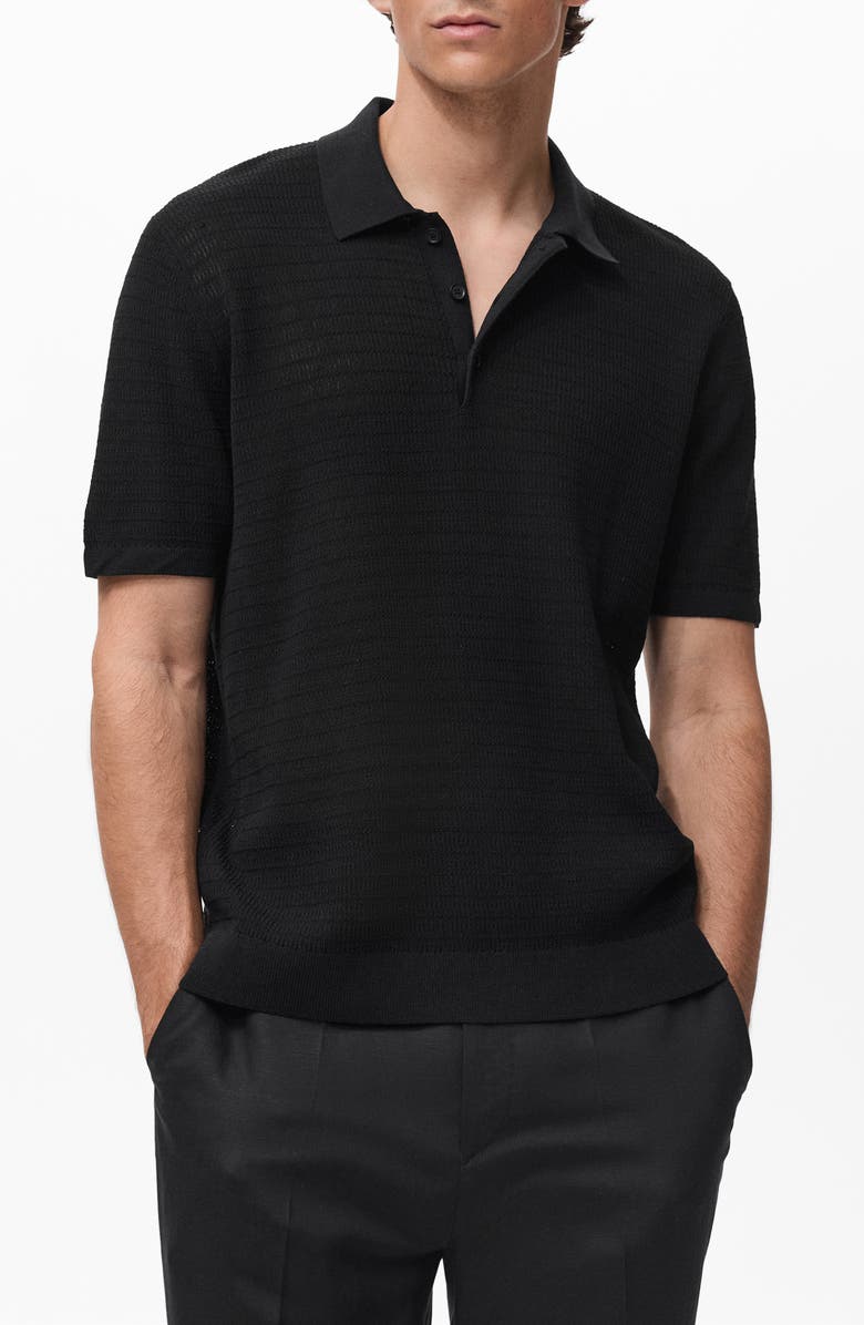 MANGO Textured Cotton Blend Polo, Main, color, Black