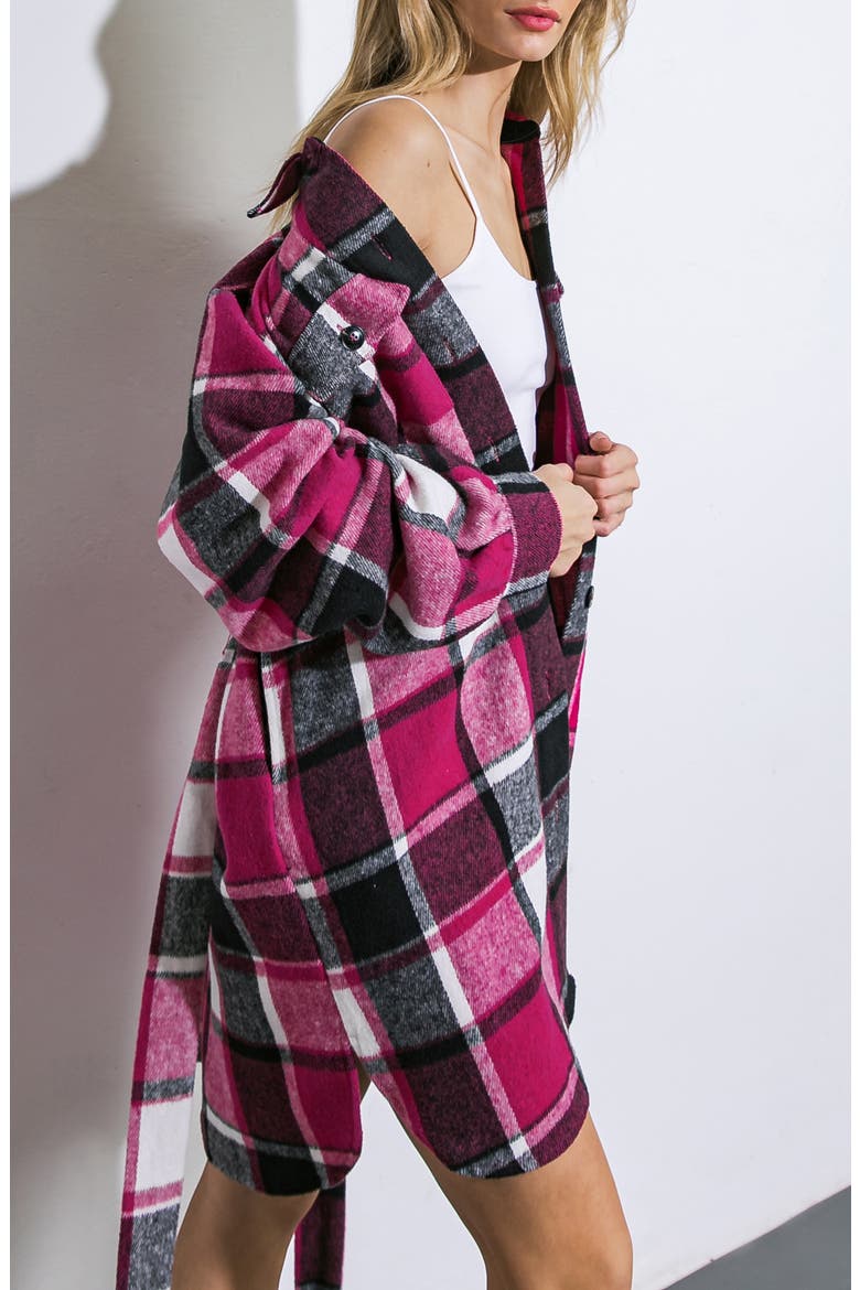 Plaid Longline Shirt Jacket, Alternate, color, MAGENTA
