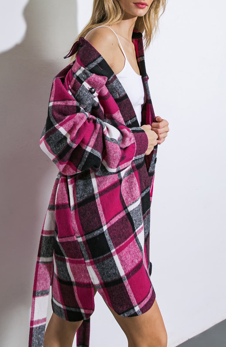 FLYING TOMATO Plaid Longline Shirt Jacket, Alternate, color, Magenta