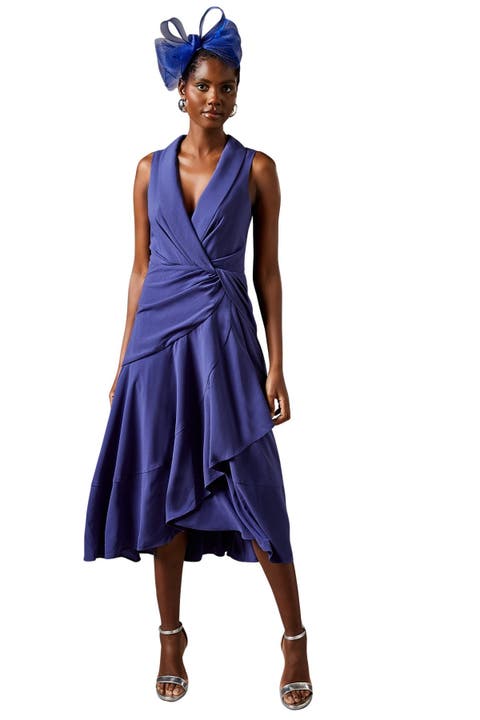 Shawl Collar Ruffle Hem Midi Dress