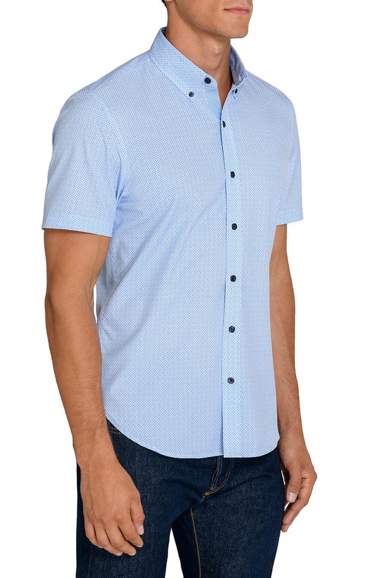 Geometric Short Sleeve Button-Up Shirt, Alternate, color, WHITE/ BLUE