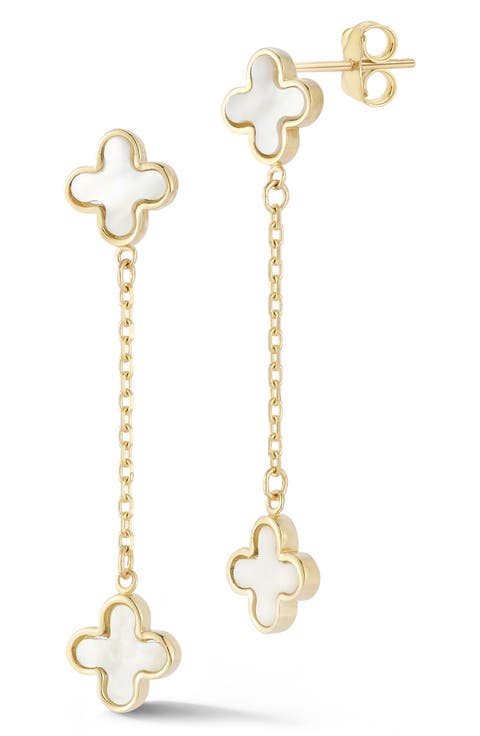 14K Gold Mother of Pearl Clover Drop Earrings