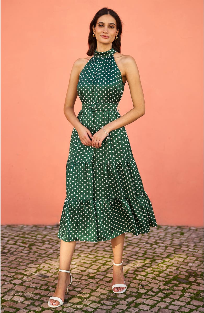 Yumi Spot Print Halter Midi Dress, Alternate, color, Green