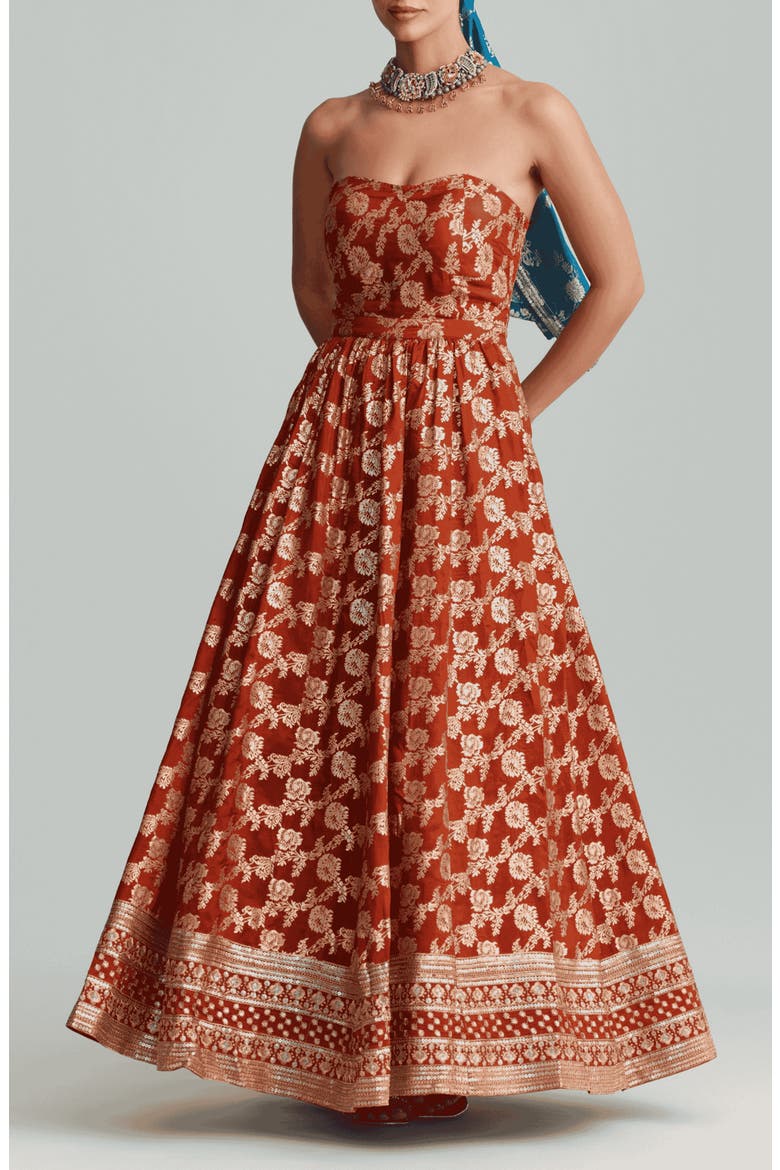 Amber Metallic Embroidery Strapless Gown, Main, color, RUST