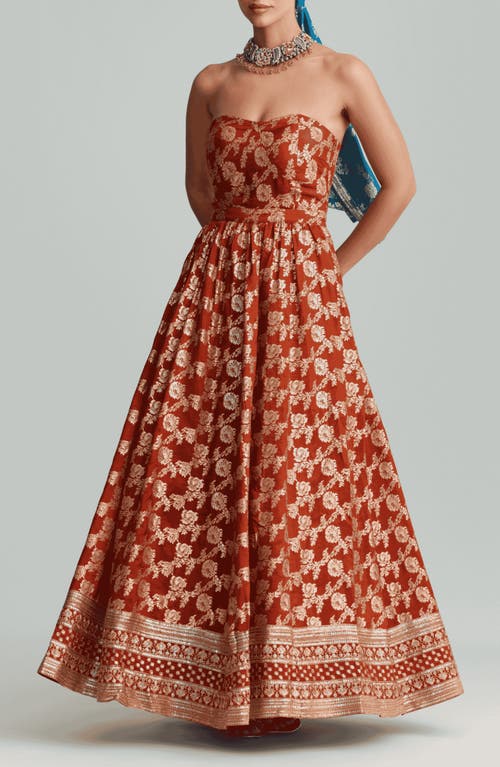 Holichic Amber Metallic Embroidery Strapless Gown In Red