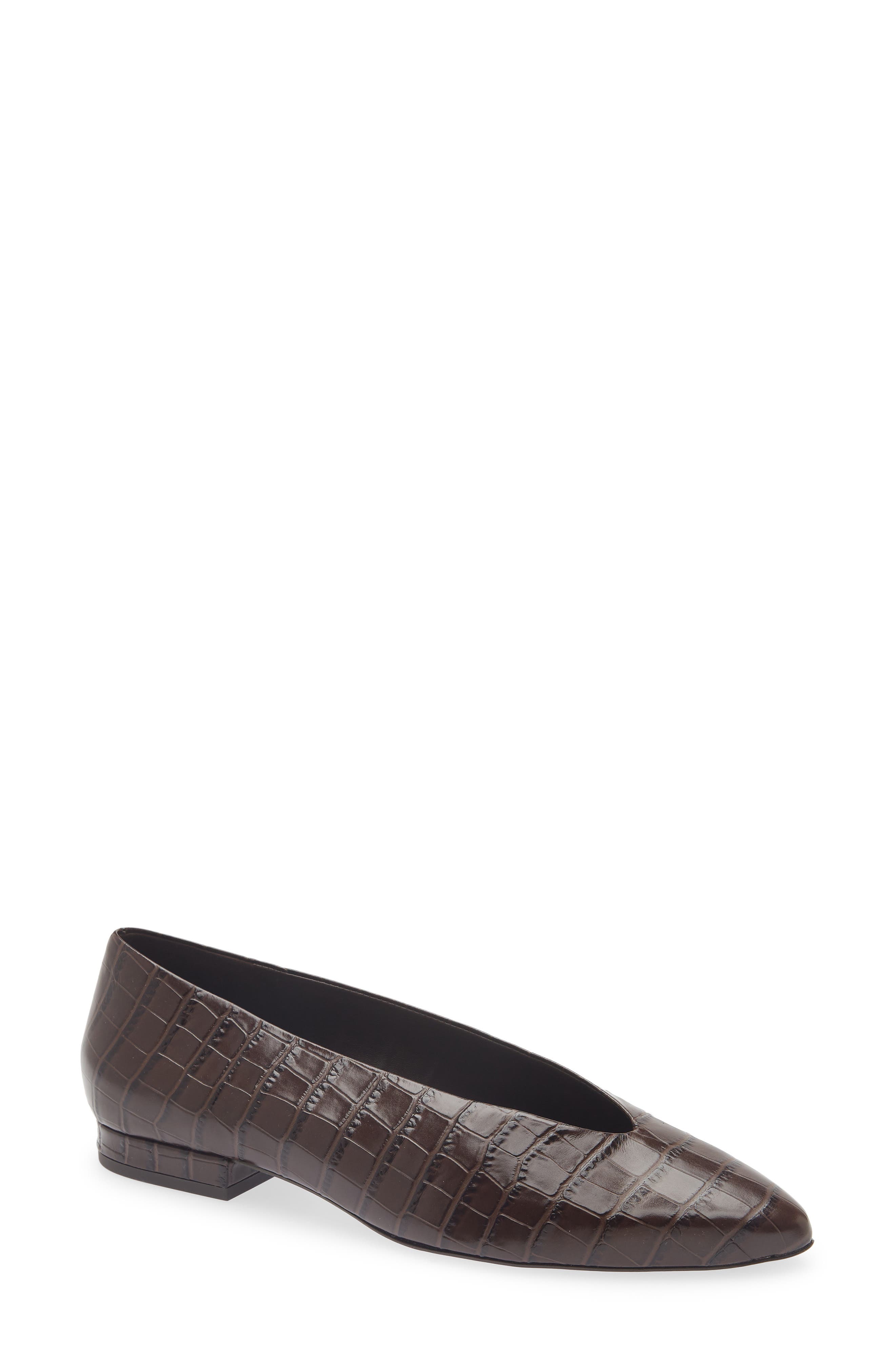 Calista Pointed Toe Leather Flat, Main, color, CHOCOLATE CROC
