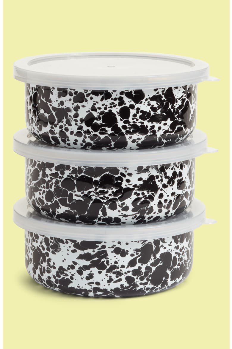 3 Piece Lidded Enamelware Storage Bowl Set, Main, color, BLACK MARBLE