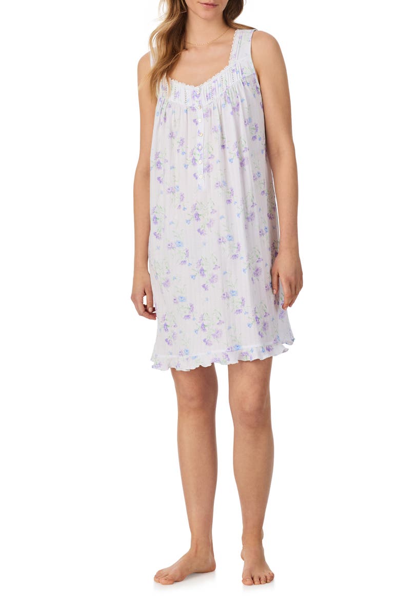 Floral Sleeveless Short Cotton Lawn Nightgown, Main, color, WHITE BLUE