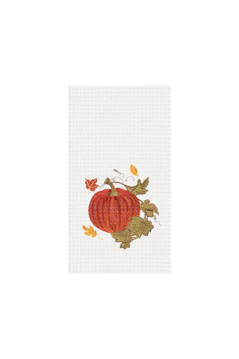 Red Autumn Embroidered Waffle Weave Thanksgiving Kitchen Towel, Main, color, White
