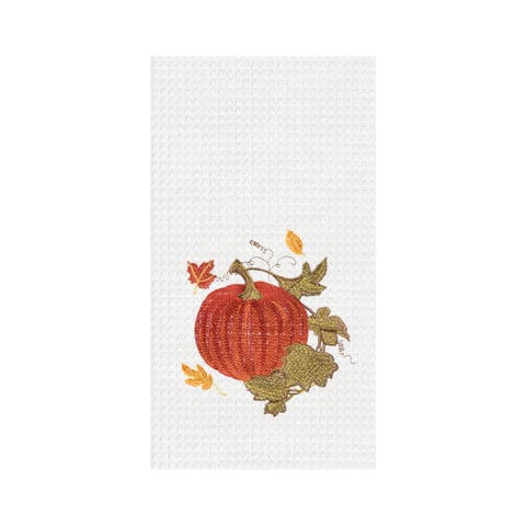Red Autumn Embroidered Waffle Weave Thanksgiving Kitchen Towel