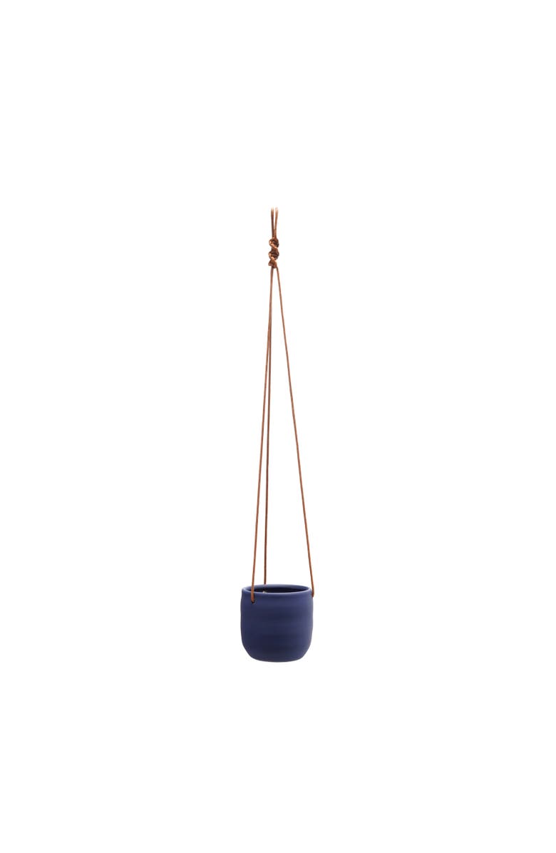 Storied Home Hanging Stoneware Planter with Leather Rope Hanger, Latex Finish, Navy Blue, Main, color, Blue