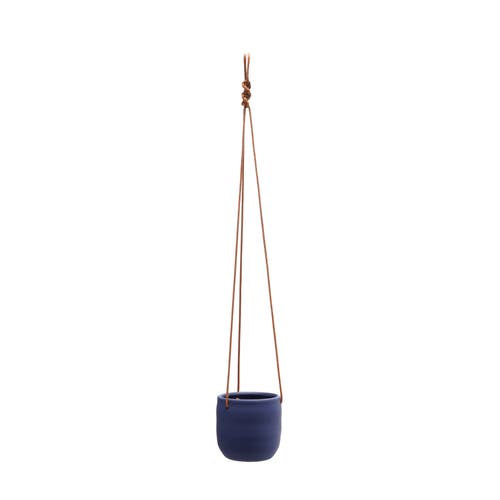 Storied Home Hanging Stoneware Planter With Leather Rope Hanger, Latex Finish, Navy Blue