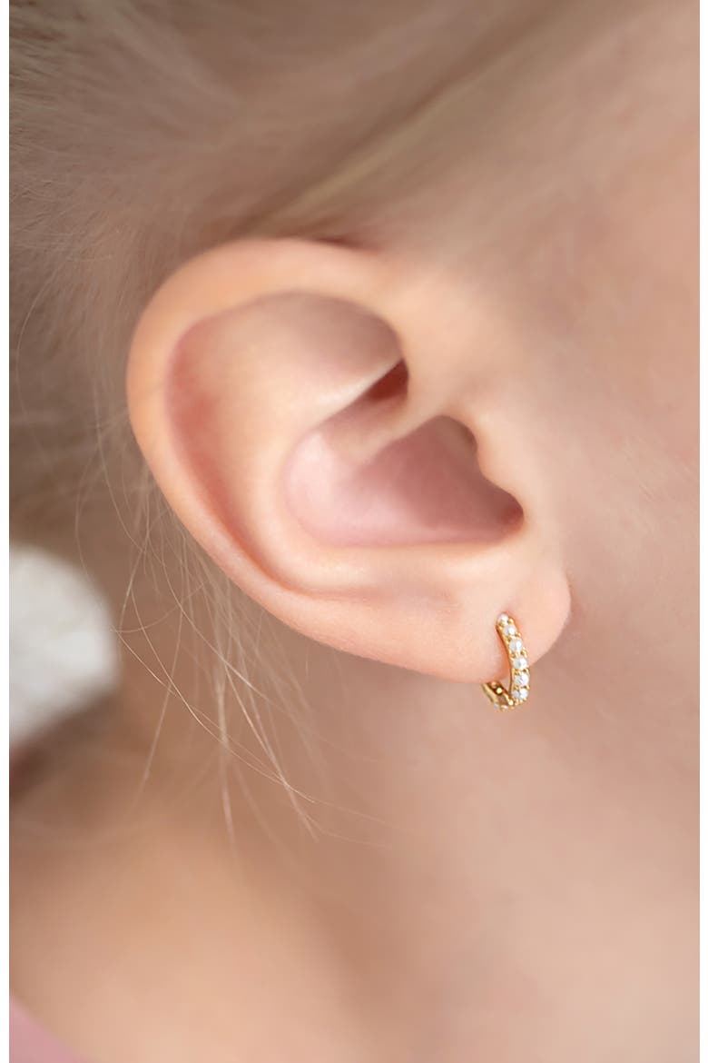14k Tiny Simulated Pearl Huggie Earrings, Alternate, color, White