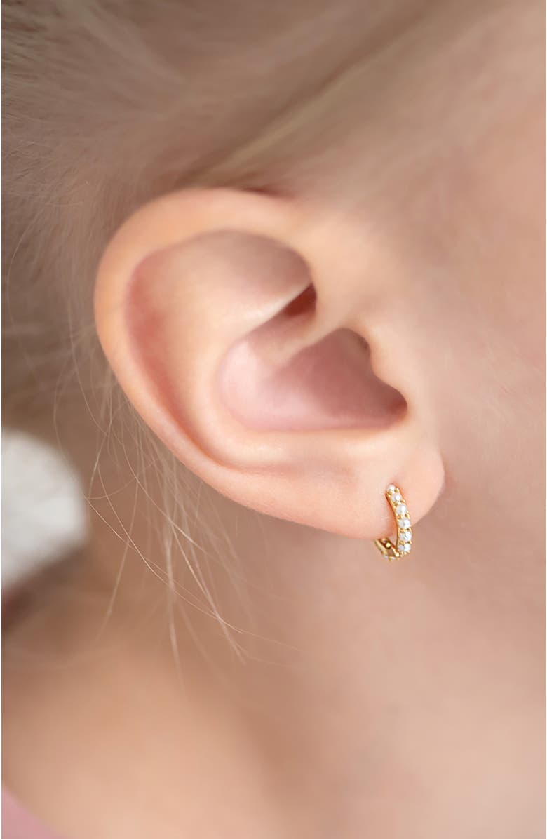 In Season Jewelry 14k Tiny Simulated Pearl Huggie Earrings, Alternate, color, White