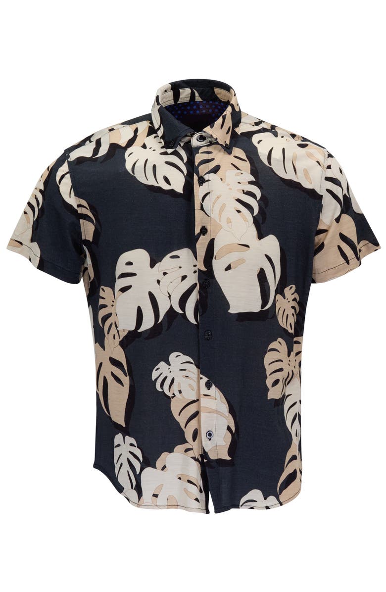Lords of Harlech Monstera Floral Mens Merino Wool Button-up Shirt, Alternate, color, Monstera Floral Smoke