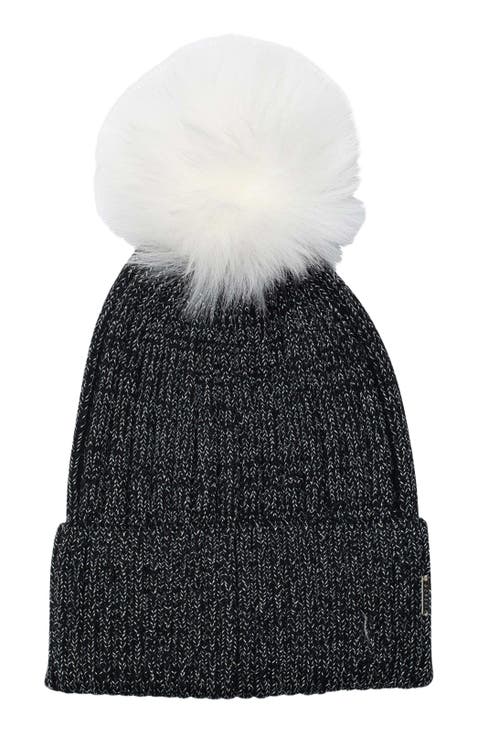 Metallic Wool Blend Knit Hat With Toscana Lamb Pompom