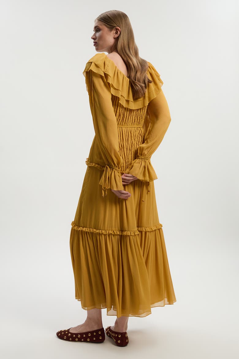 Georgette Ruffle Woven Maxi Dress, Alternate, color, Ochre