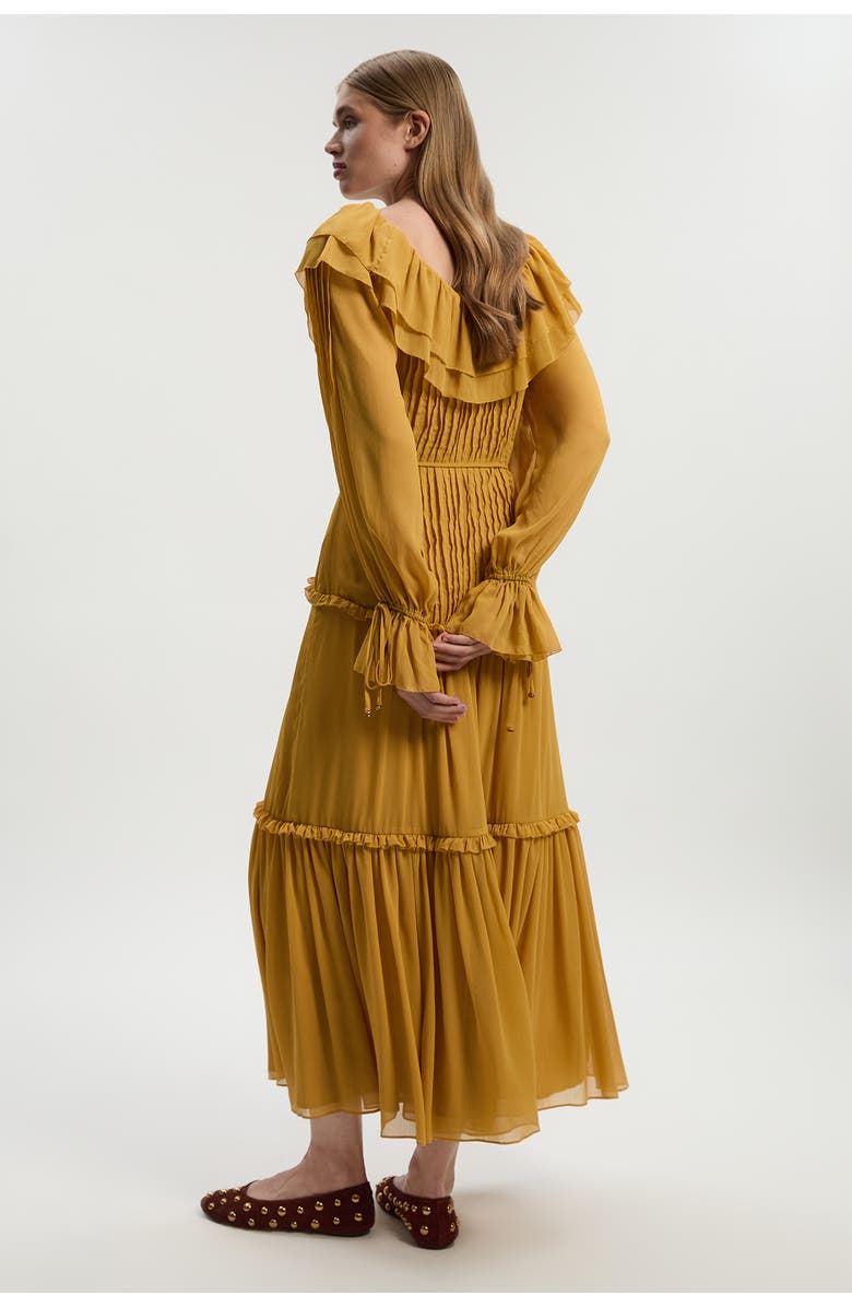 Karen Millen Georgette Ruffle Woven Maxi Dress, Alternate, color, Ochre