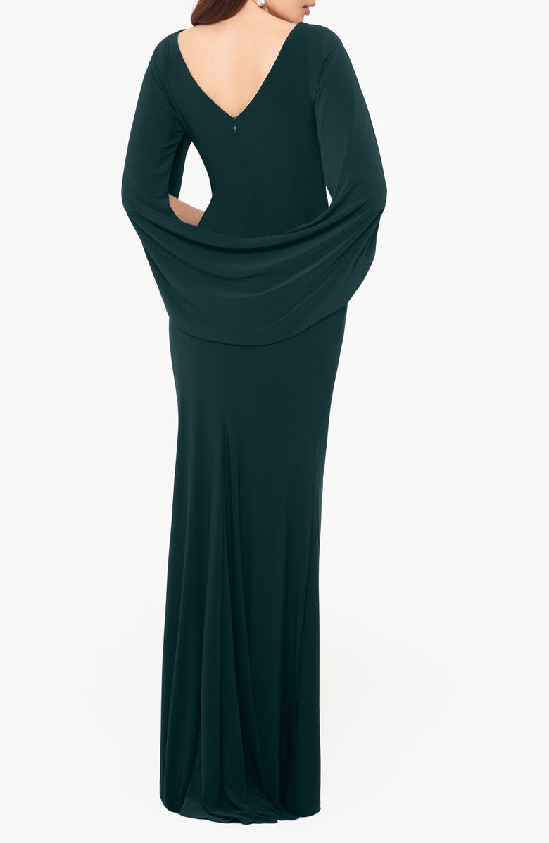 Betsy & Adam Cape Long Sleeve Trumpet Gown, Alternate, color, Forest