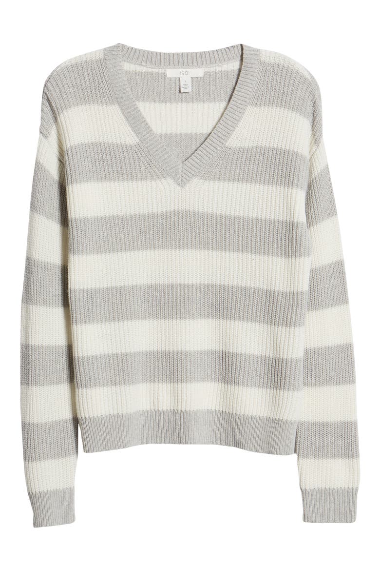 Cotton & Wool Blend Shaker Sweater, Alternate, color, GREY HTR- IVORY MINI RUGBY STP