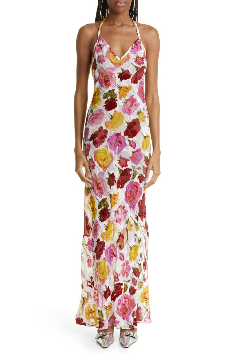 Rose Print Halter Neck Maxi Slipdress, Main, color, IVORY