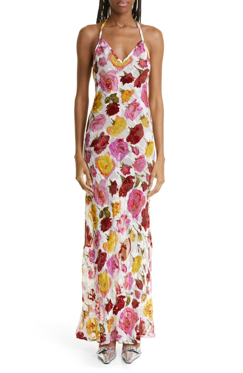 Puppets and Puppets Rose Print Halter Neck Maxi Slipdress, Main, color, 