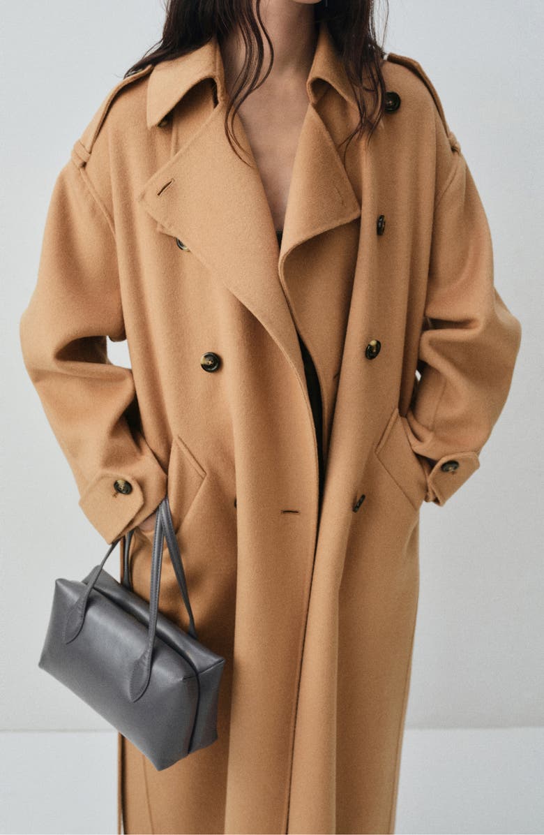 MANGO Selection Double-Breasted Wool Blend Trench Coat, Alternate, color, Medium Brown