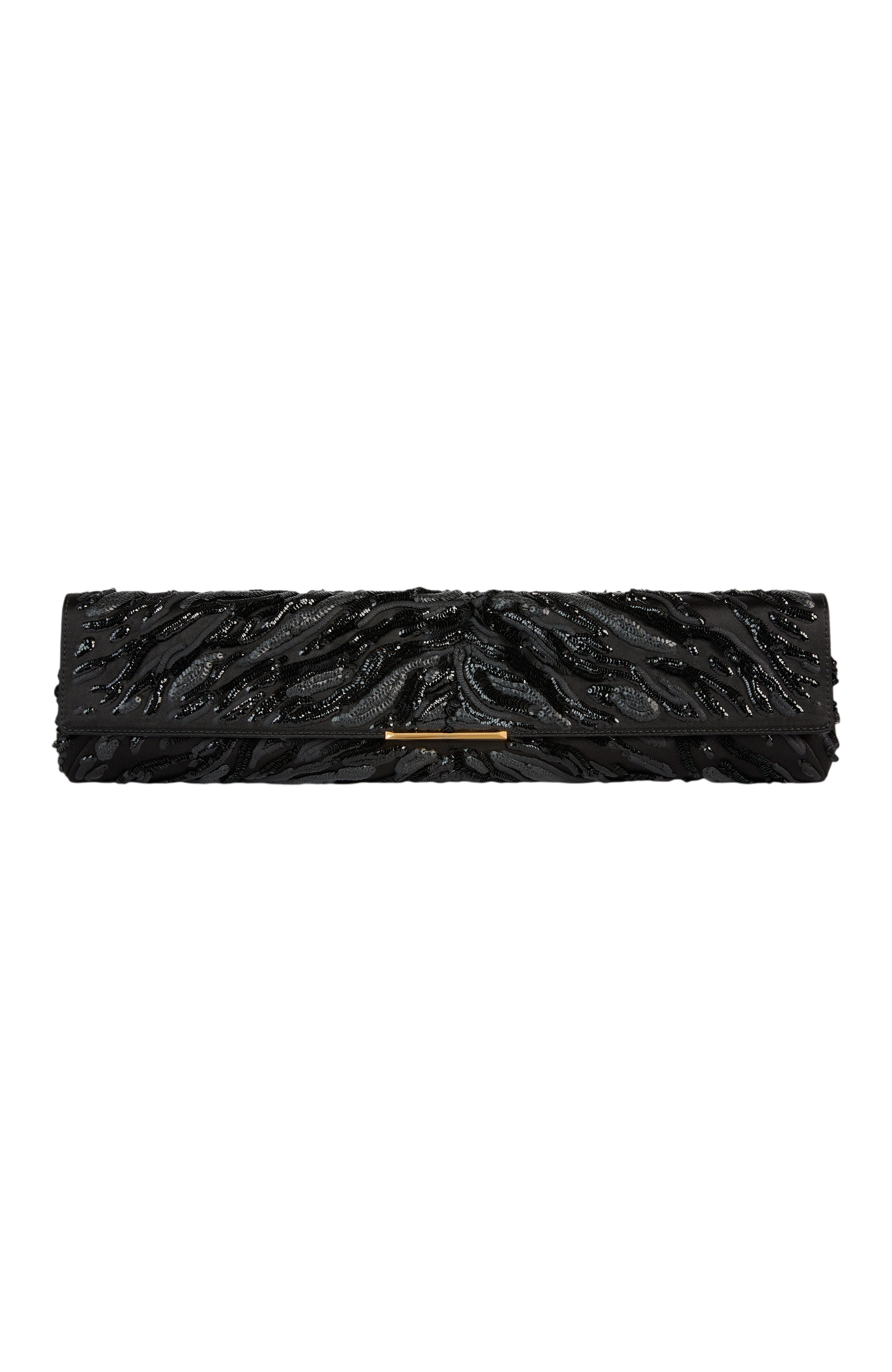 Long Clutch Bag in Embroidered Satin, Main, color, black