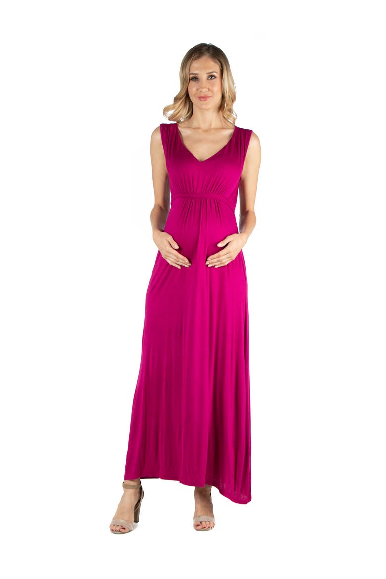 Maternity V-Neck Sleeveless Maxi Dress with Belt, Main, color, Magenta