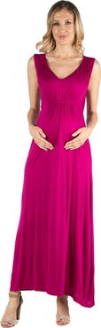 24seven Comfort Apparel Maternity V-Neck Sleeveless Maxi Dress with Belt