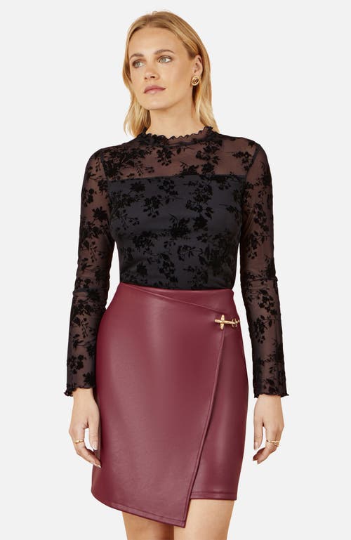 Yumi Flocked Floral Stretch Mesh Top In Black