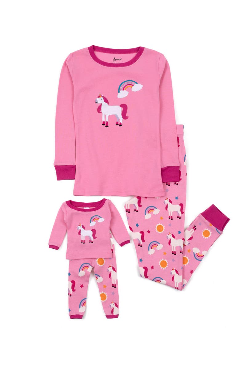 Leveret Girls 2-pc. Cotton Pajamas with Matching Doll Accessory - Unicorn & Fantasy Prints, Alternate, color, Unicorn Pink