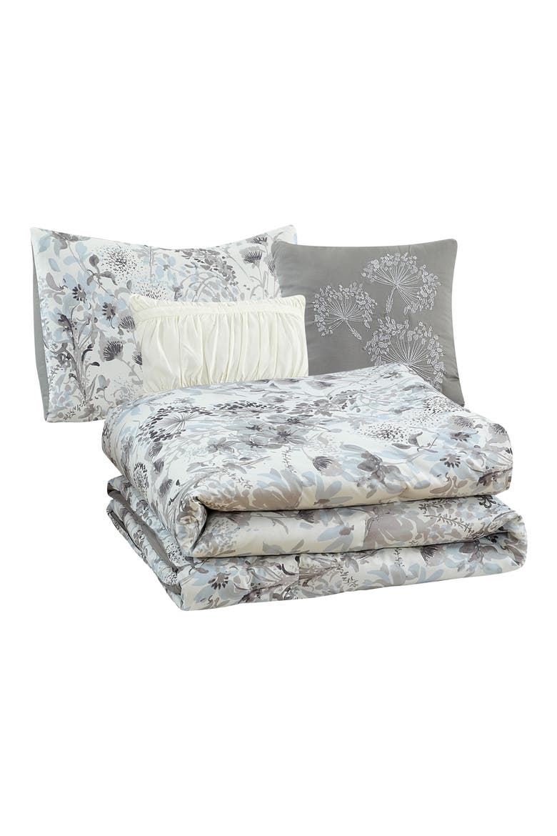 Floral Print Microfiber 5-Piece Comforter Set, Main, color, WHITE/ GREY/ BLUE