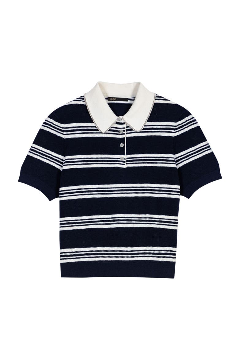 Striped polo with rhinestone collar, Alternate, color, Ecru/navy blue