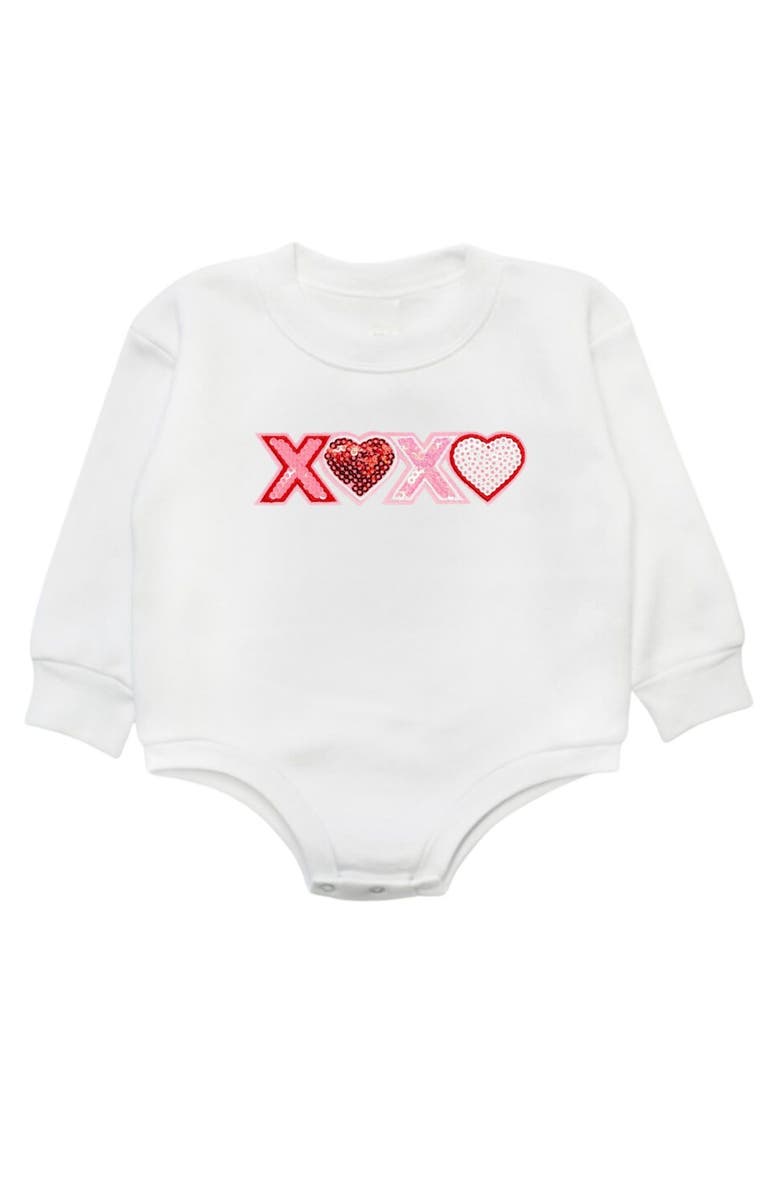 Sweet Wink Love Sequin Patch Valentine's Day Long Sleeve Romper, Main, color, 