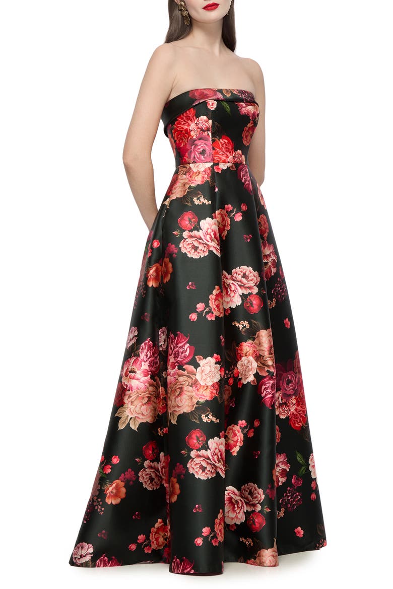 Sara Floral Strapless Satin Twill Gown, Alternate, color, WINE BLACK MULTI