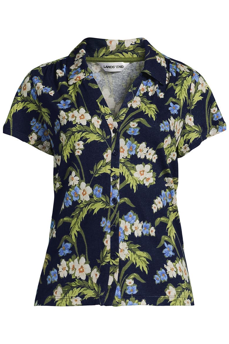 Linen Blend Short Sleeve Button Front Polo Top, Alternate, color, Deep Sea/Blue Floral Tropic