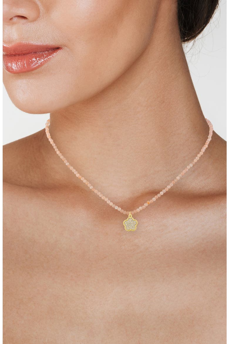 Pavé Cubic Zirconia Clover Pendant Rose Quartz Beaded Necklace, Alternate, color, PINK/ CLEAR GOLD