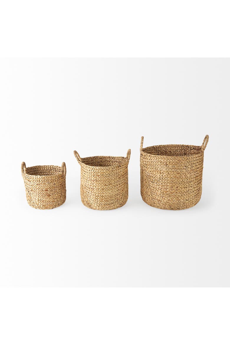 Sivan Set of 3 Water Hyacinth Round Basket with Handles, Alternate, color, Brown