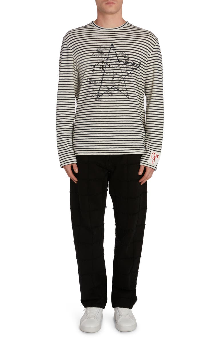 Golden Goose Embroidered Graffiti Stripe Cotton & Linen Long Sleeve T-Shirt, Alternate, color, Ecru/ Mazarine Blue