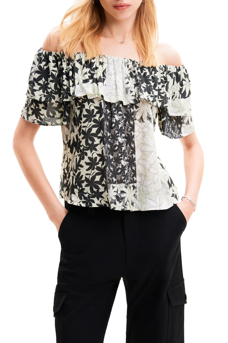 Patchwork Floral Ruffle Blouse, Main, color, WHITE