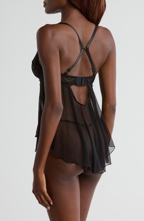 Coquette Lace Underwire Babydoll Chemise & G-string Set In Black