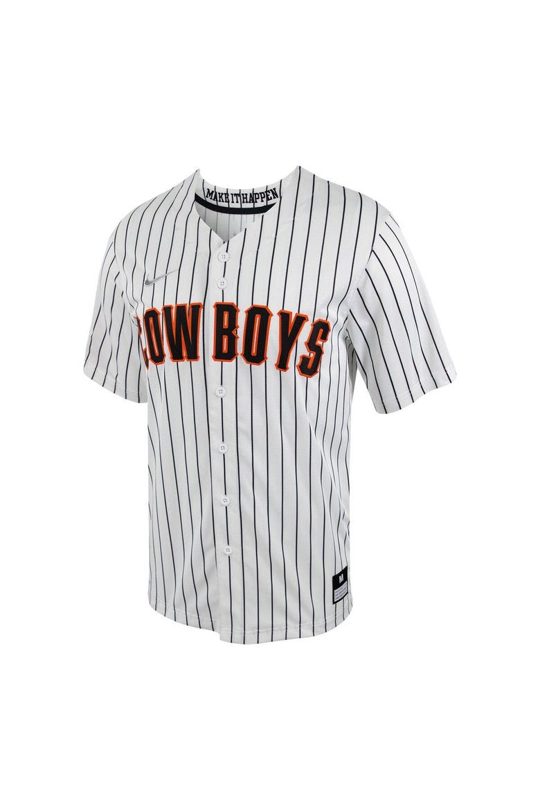 Men's Nike White/Black Oklahoma State Cowboys Pinstripe Replica Full-Button Baseball Jersey, Alternate, color, White