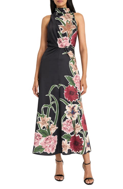 Twist Front Funnel Neck Satin Maxi Dress