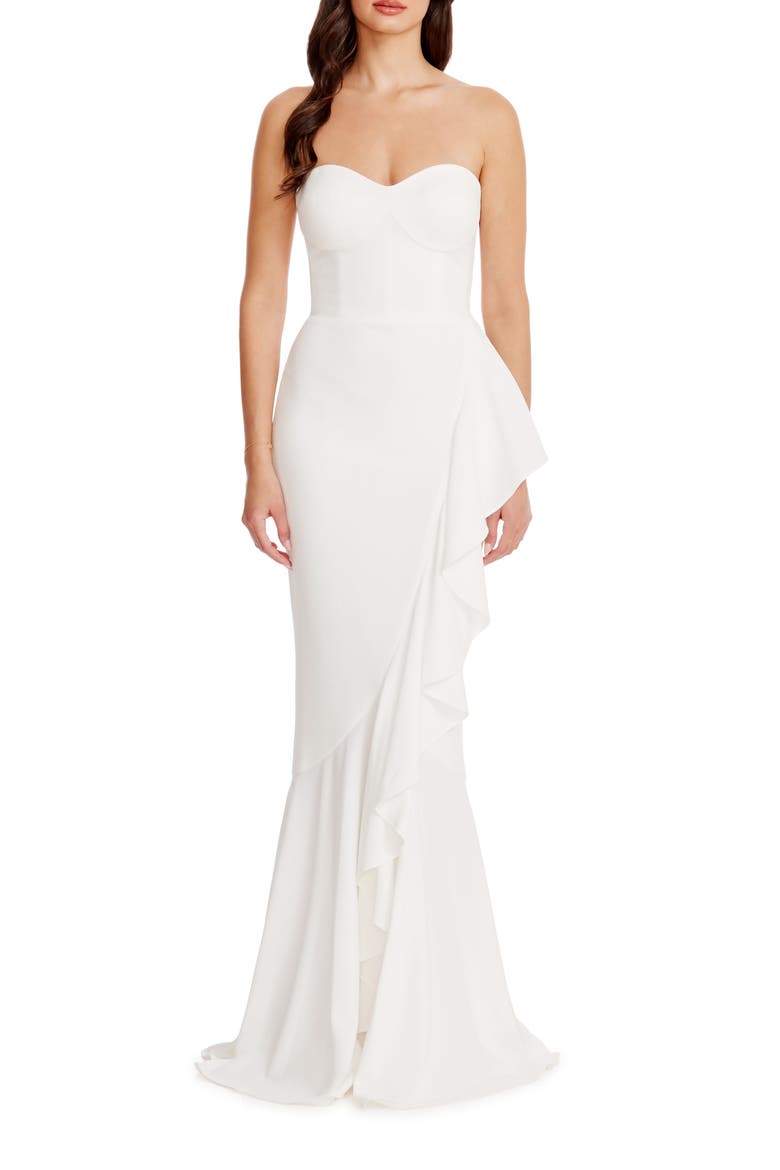 Paris Ruffle Strapless Mermaid Gown, Main, color, WHITE