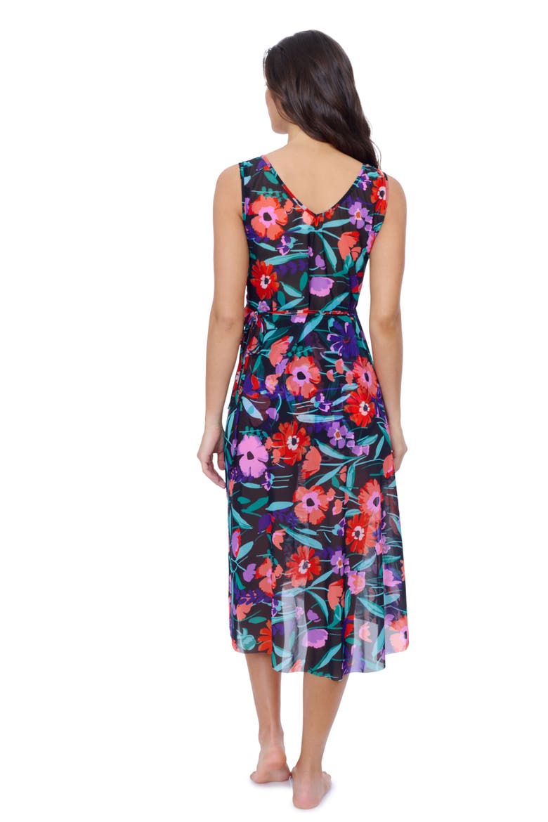 Marguerite V Neck Asymmetrical Ruffle Midi Wrap Mesh Dress, Alternate, color, BLACK Multi